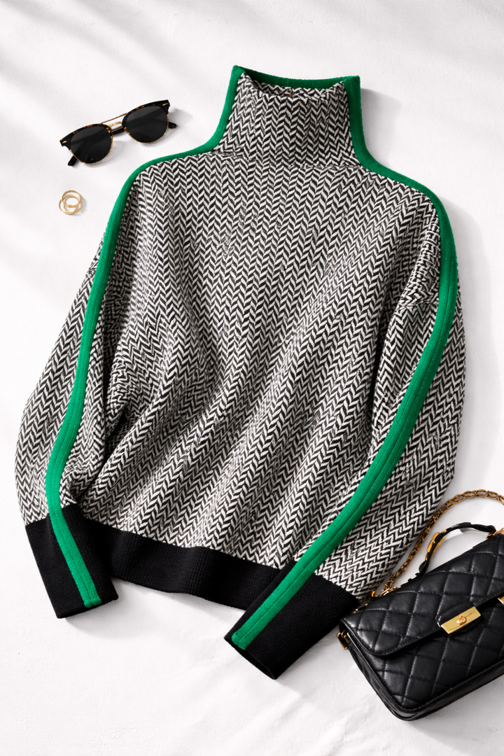 Stylish women's contrast stripe pullover sweater. Elegant long-sleeve knitwear, perfect for a modern casual fashion statement.