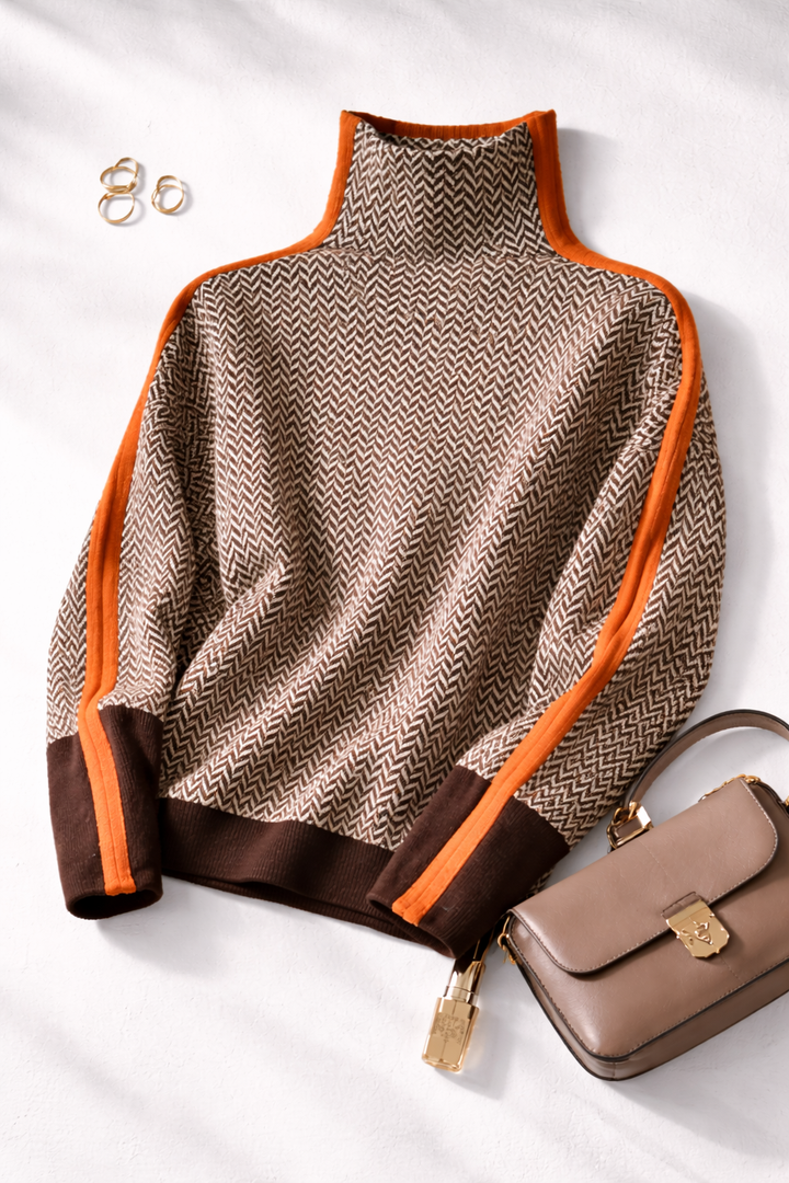 Fashionable women's elegant striped pullover sweater. Soft contrast knit design, comfortable long-sleeve top for daily style.