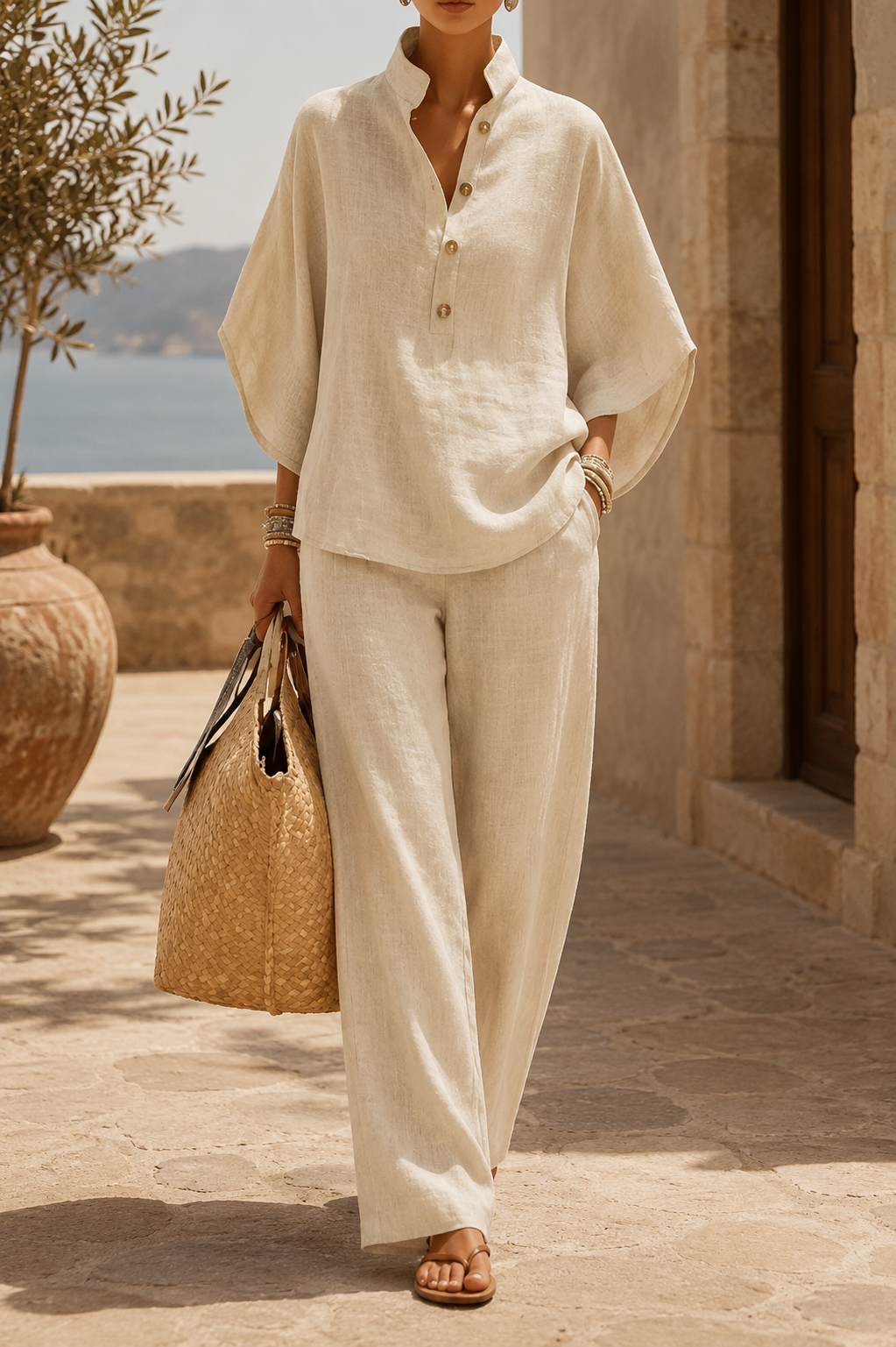 Comfortable & chic two-piece women's fluid set, ideal for summer fashion and casual elegance. Resort wear.