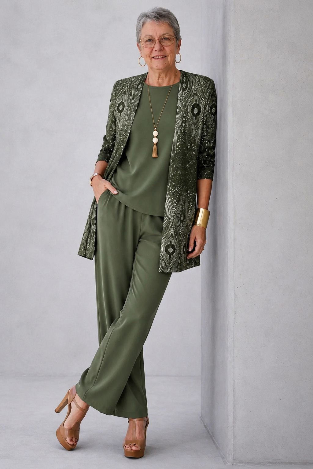 Women's comfortable green 3-piece outfit set, featuring a cardigan, top & wide-leg trousers for versatile everyday wear.