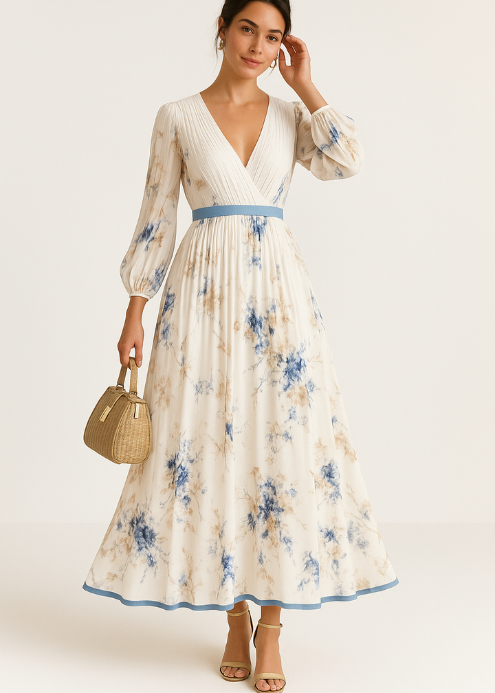 Flowy elegant women's maxi dress featuring a vibrant floral pattern, suitable for summer parties & events.