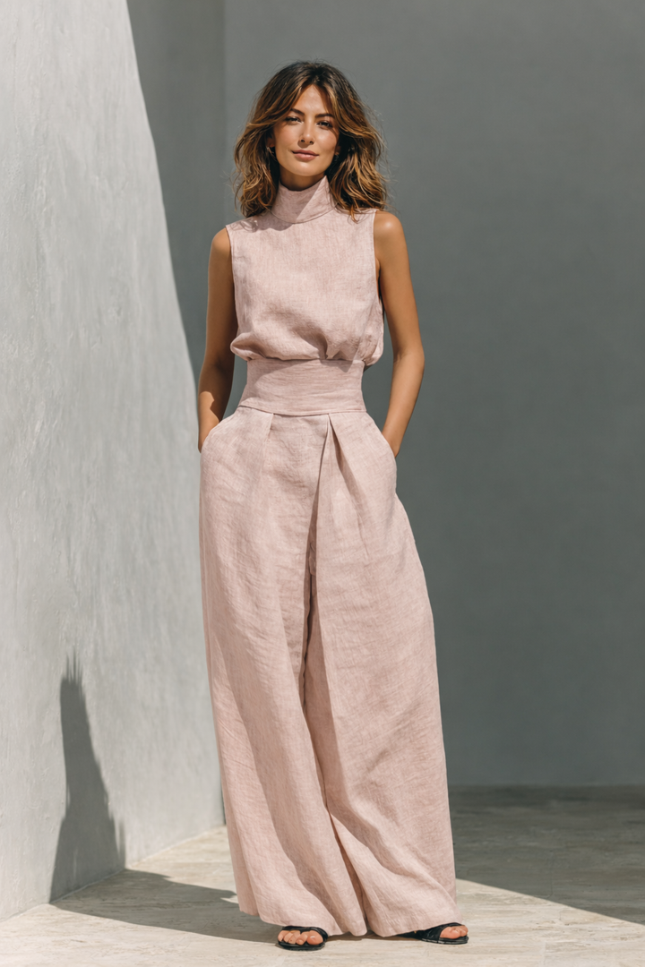 Trendy women's sleeveless wide leg trouser set, a comfortable and elegant two-piece for summer style.