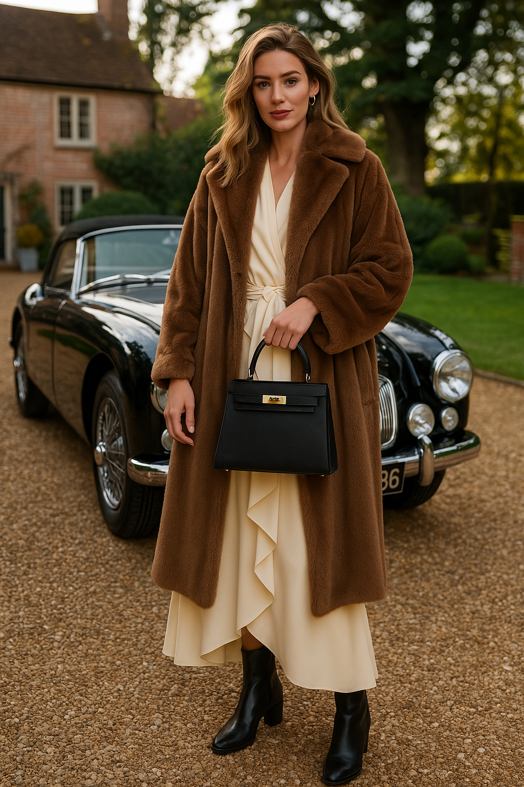Chic creme structured top handle handbag featuring a sophisticated gold lock. Versatile women's accessory.