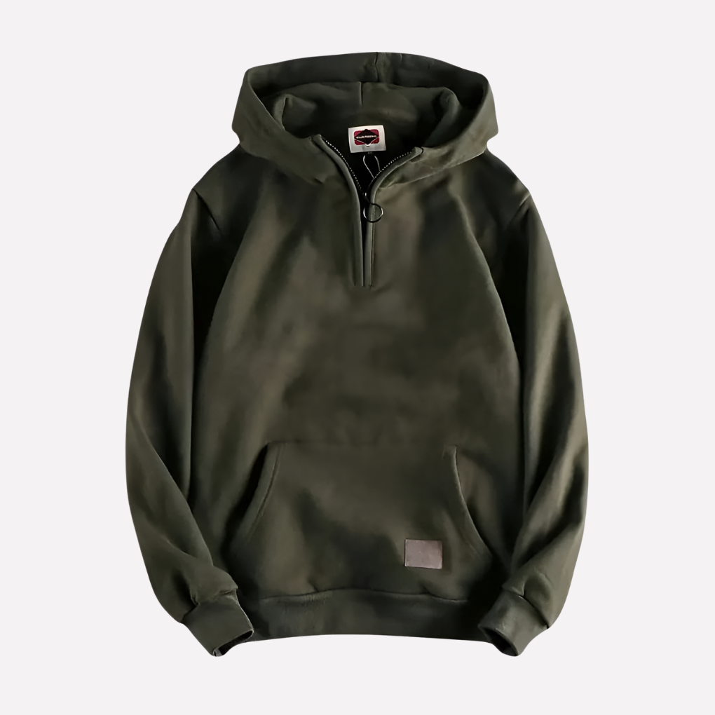 Comfortable men's half-zip hooded sweatshirt for active wear or casual everyday style. Soft pullover design.