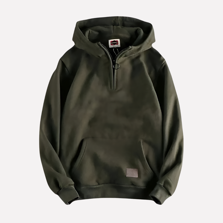 Comfortable men's half-zip hooded sweatshirt for active wear or casual everyday style. Soft pullover design.
