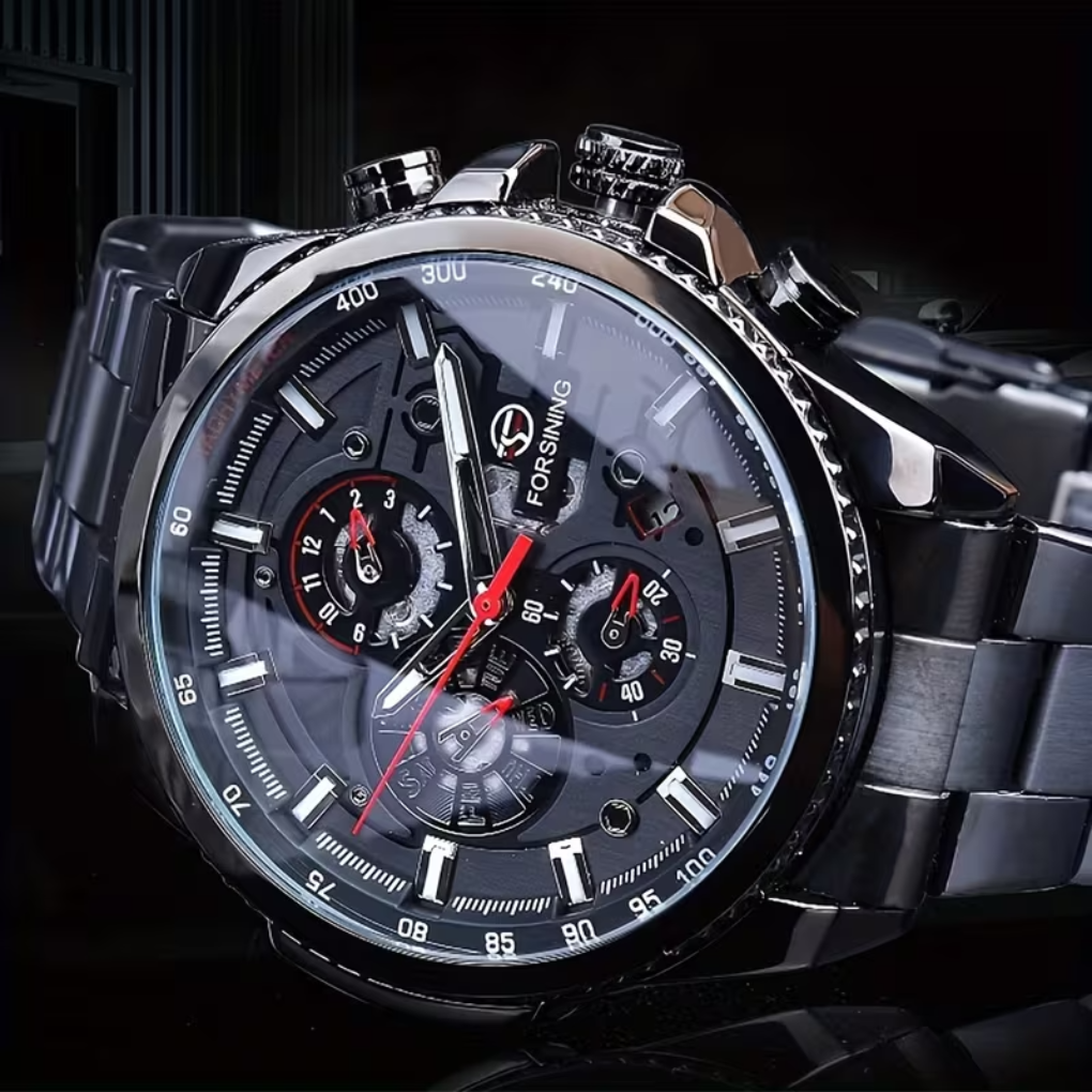 Classic men's automatic mechanical watch with a date display. Elegant silver & black design, perfect men's accessory.