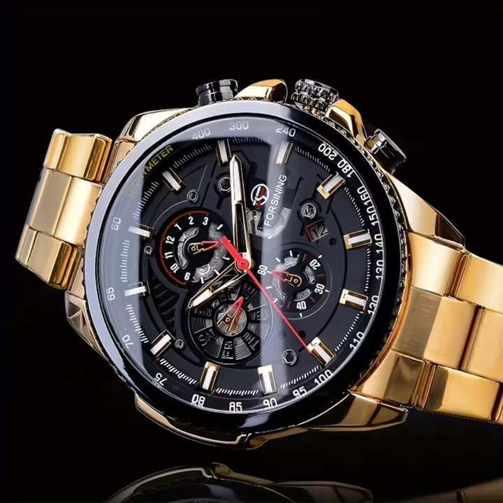 New4 men's silver automatic mechanical watch with black dial & date display. A sophisticated and classic accessory.
