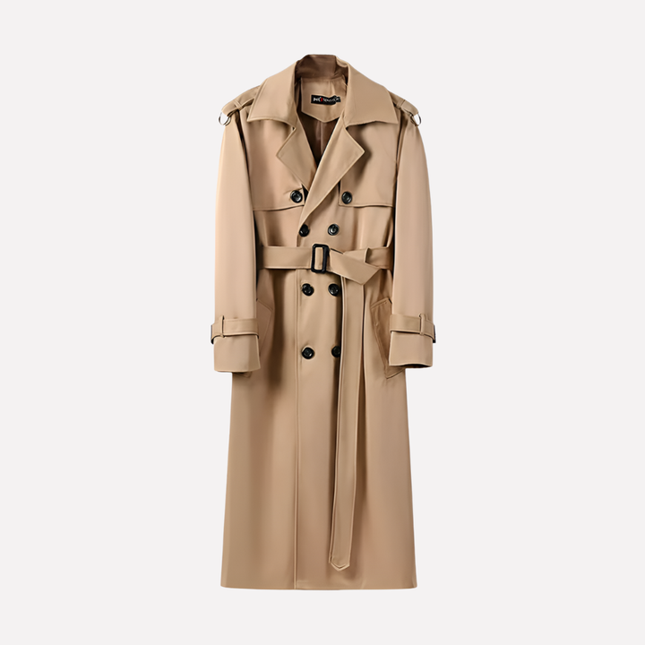 Men's classic over-the-knee belted trench coat, ideal for timeless urban and business autumn/winter style.