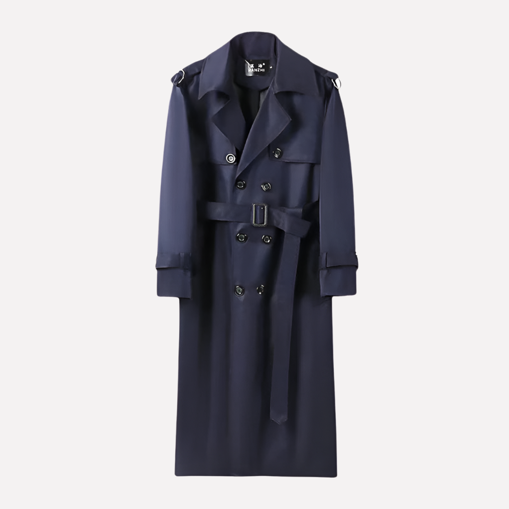 Stylish men's long belted trench coat, perfect for formal or business wear with extended coverage.