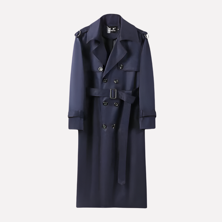 Stylish men's long belted trench coat, perfect for formal or business wear with extended coverage.