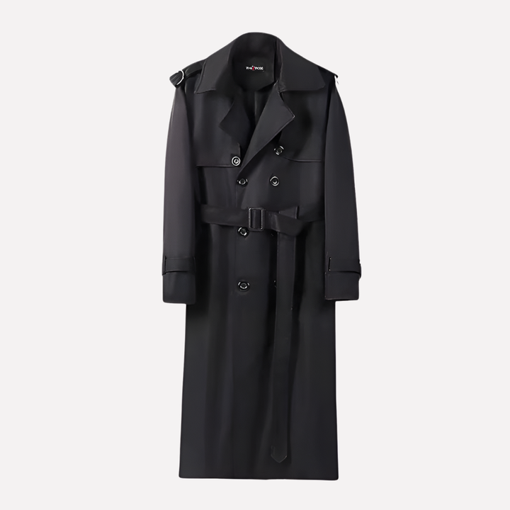 Elegant men's over-the-knee trench coat with belt, versatile outerwear for autumn/winter and formal occasions.
