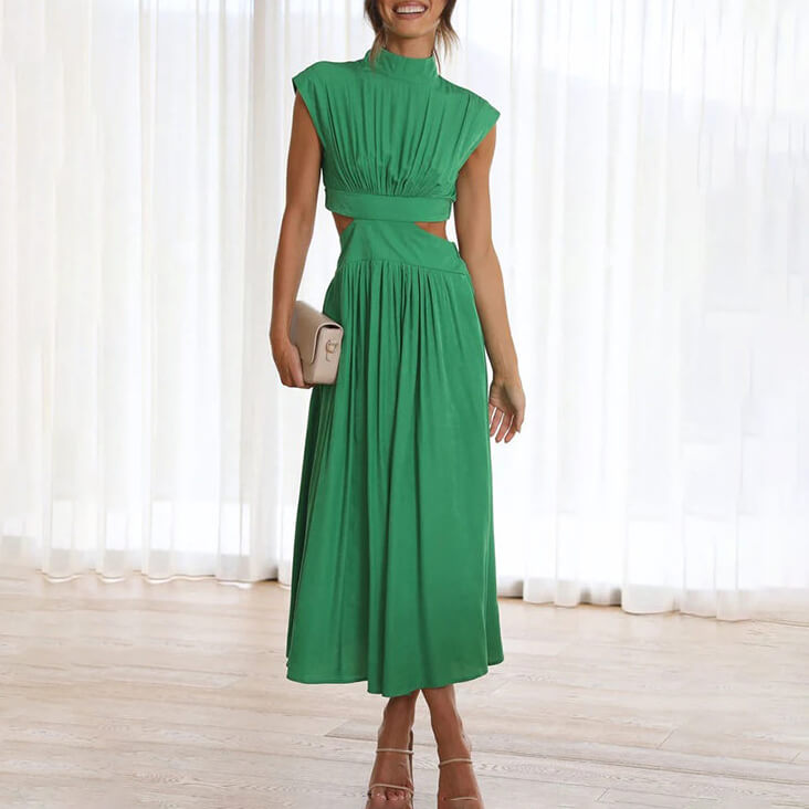Women's pleated cap sleeve midi dress, round neck, solid color, flowy skirt. Elegant & flattering.