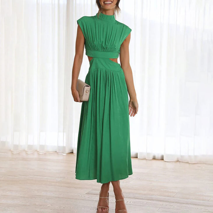 Women's pleated cap sleeve midi dress, round neck, solid color, flowy skirt. Elegant & flattering.