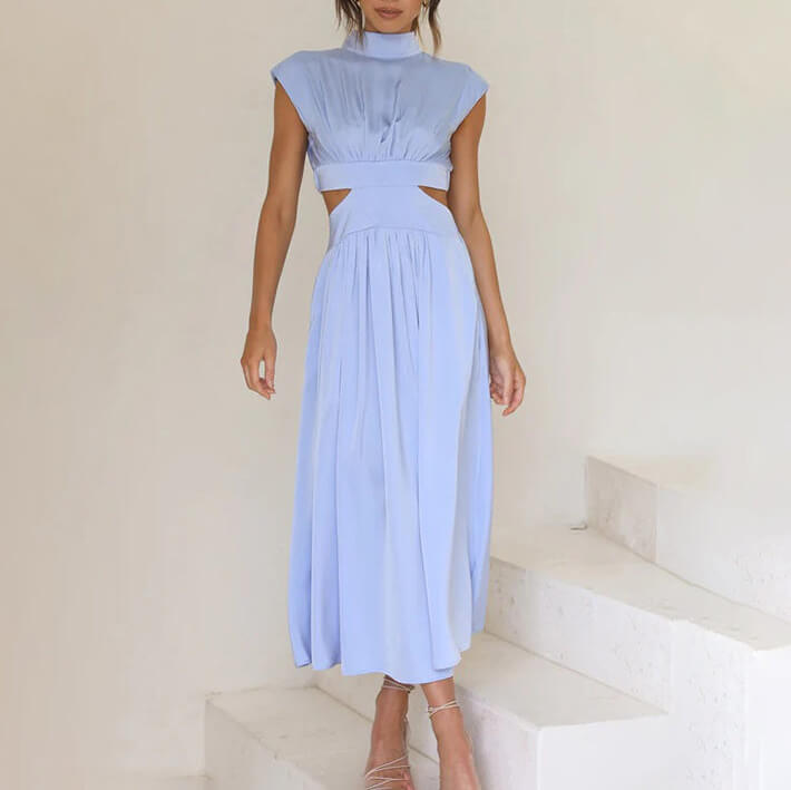 Versatile women's pleated cap sleeve midi dress. Solid color, round neck. Can be dressed up or down for any event.