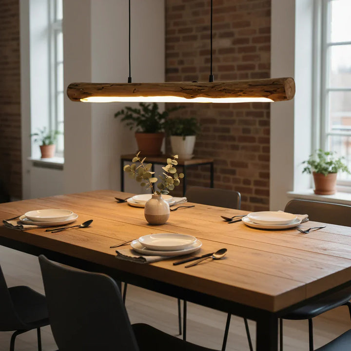 Stylish wooden LED ceiling light. Dimmable pendant lamp with natural design, ideal for dining room & home decor.