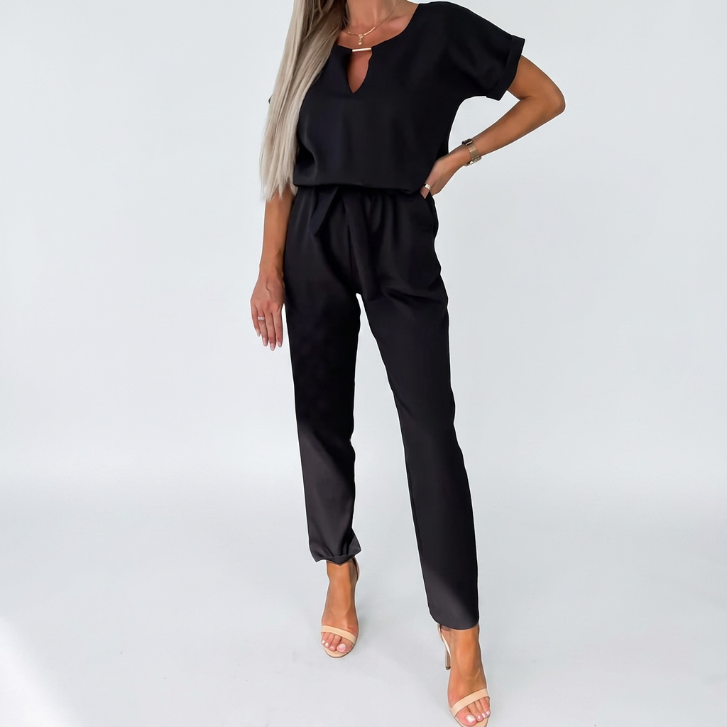 Modern women's elegant short-sleeve keyhole neck jumpsuit, ideal versatile fashion for work or evening events.