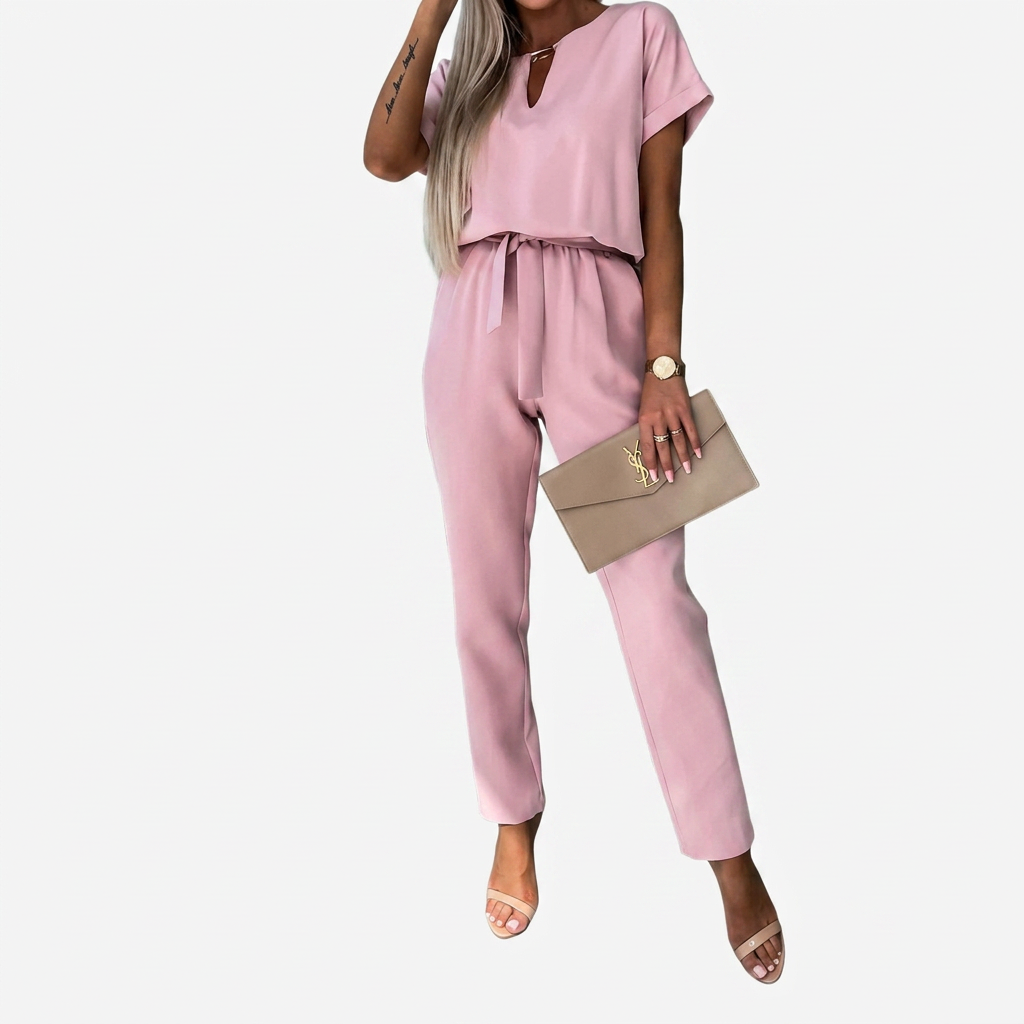 Elegant women's short-sleeve jumpsuit with stylish keyhole neck, perfect for office wear or chic dinner outfits.
