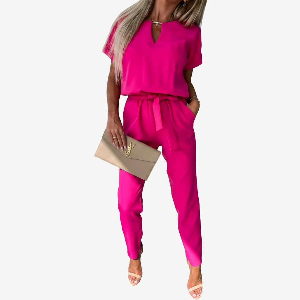 Chic women's short-sleeve jumpsuit featuring an elegant keyhole neck, perfect for sophisticated office & dinner outfits.