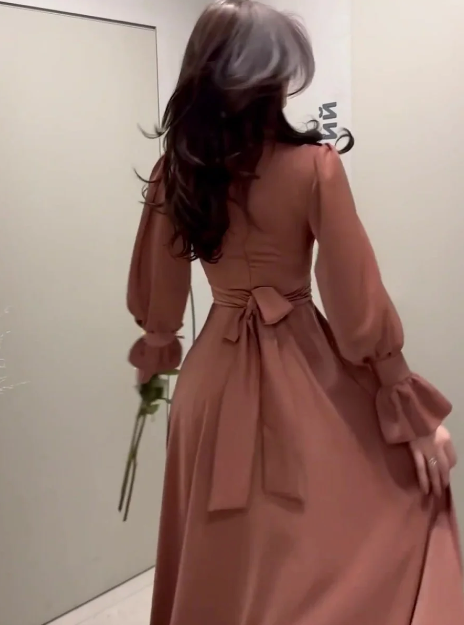Formal women's long sleeve maxi dress, designed for elegant winter fashion, evening wear & special events.