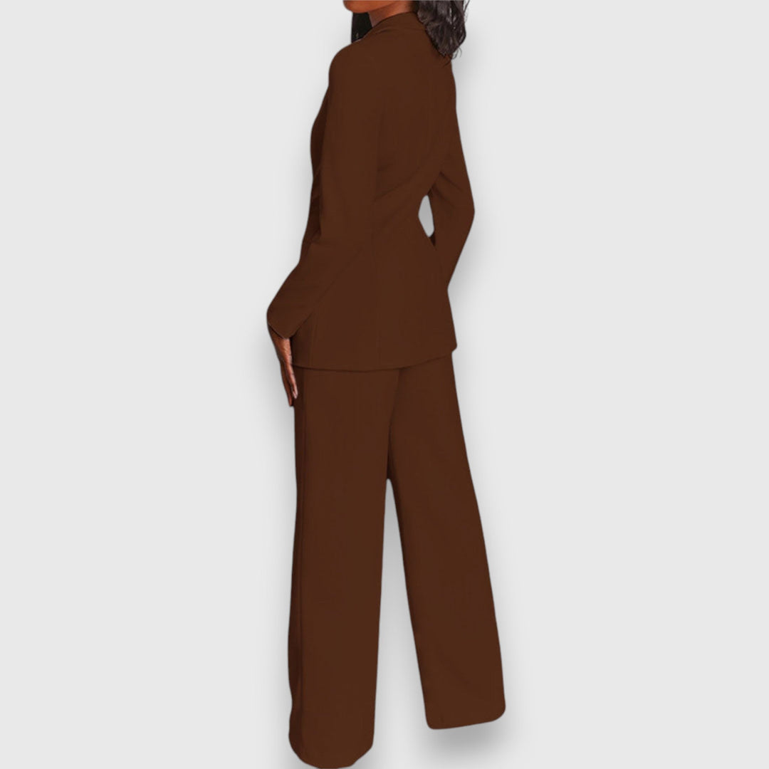 Black elegant women's two-piece blazer & trousers set. Perfect formal evening wear outfit.
