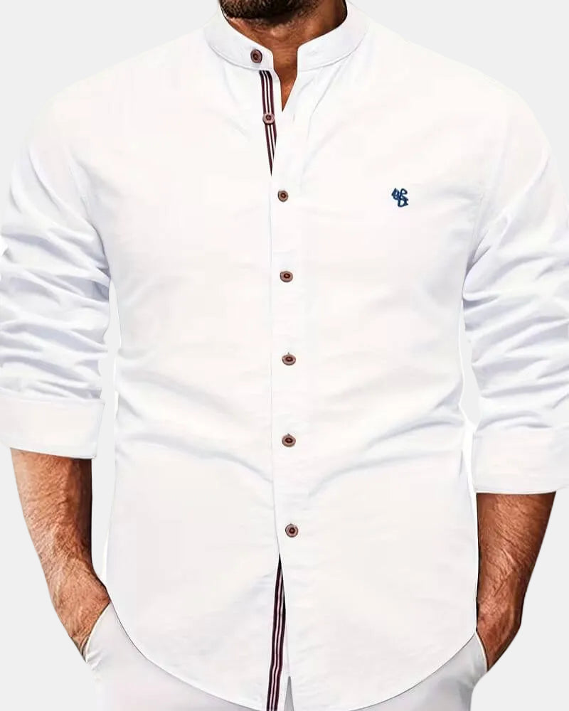 Men's casual long sleeve collared shirt with stand-up collar, perfect for everyday style & comfort.