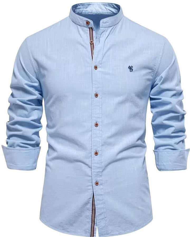 Comfortable men's long sleeve collared shirt with a modern stand-up collar, ideal for casual and everyday wear.