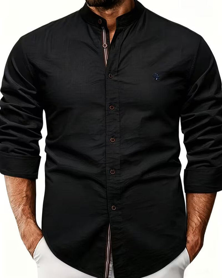 Men's versatile long sleeve collared shirt with a stand-up collar for office, dinner, and casual occasions.