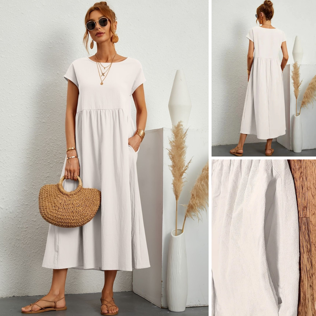 Back view: Simple yet elegant women's loose maxi dress, comfortable and flowy with a high round neck.
