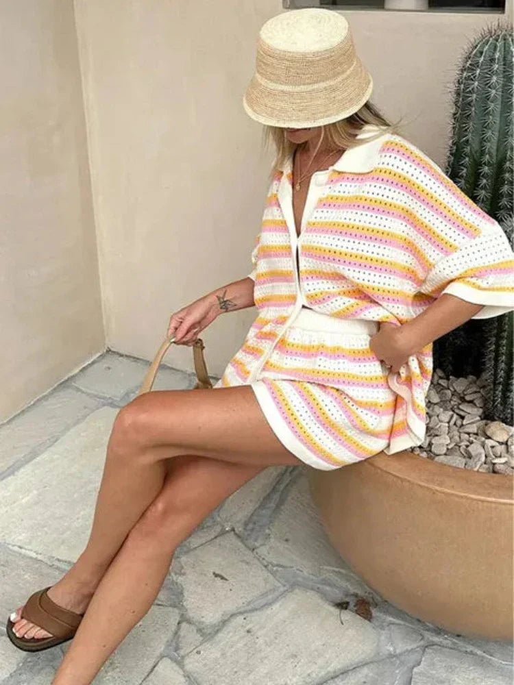 Stylish women's two-piece co-ord set with breathable top & matching shorts for summer holidays.