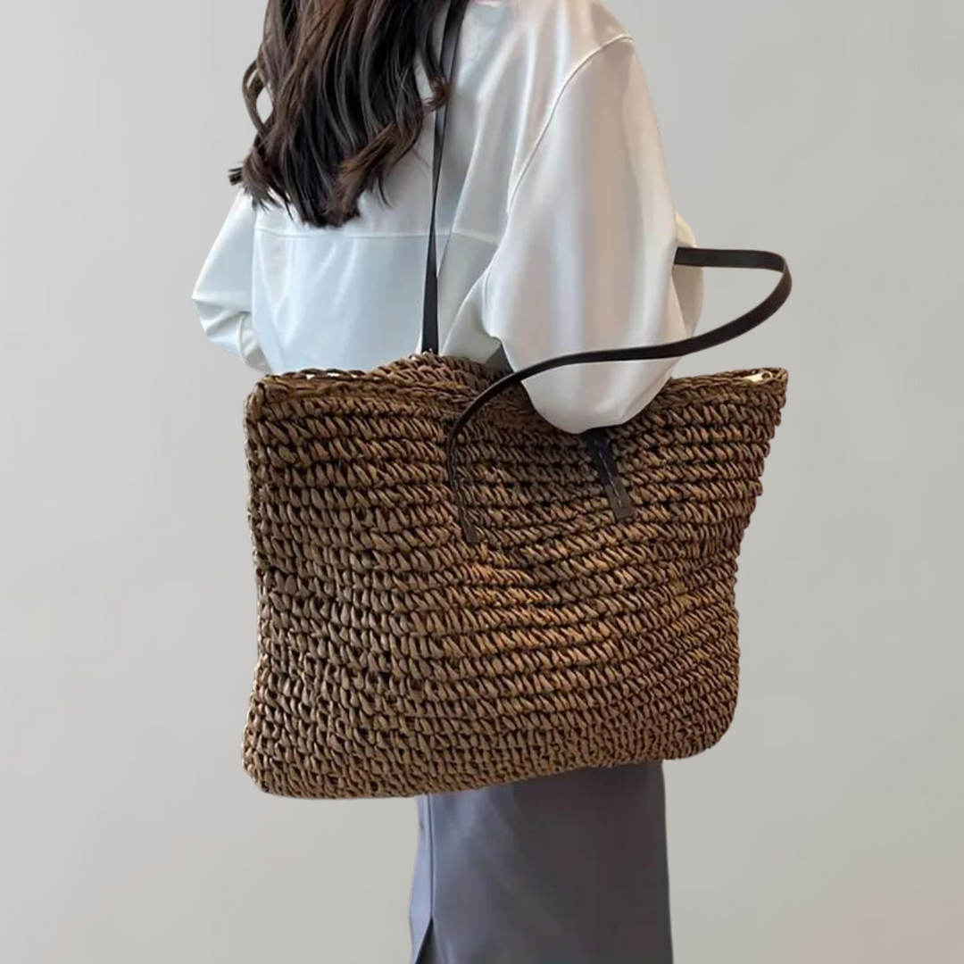 Women's large capacity woven bohemian tote, a stylish beach and travel shoulder bag.