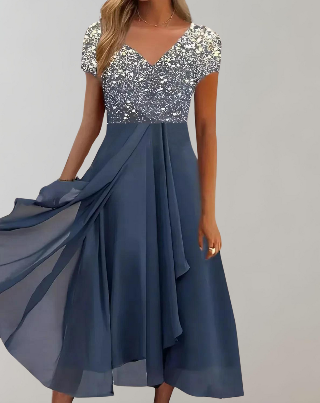 Vibrant sparkling floral V-neck formal gown for women, a glamorous & elegant short-sleeve dress for parties.
