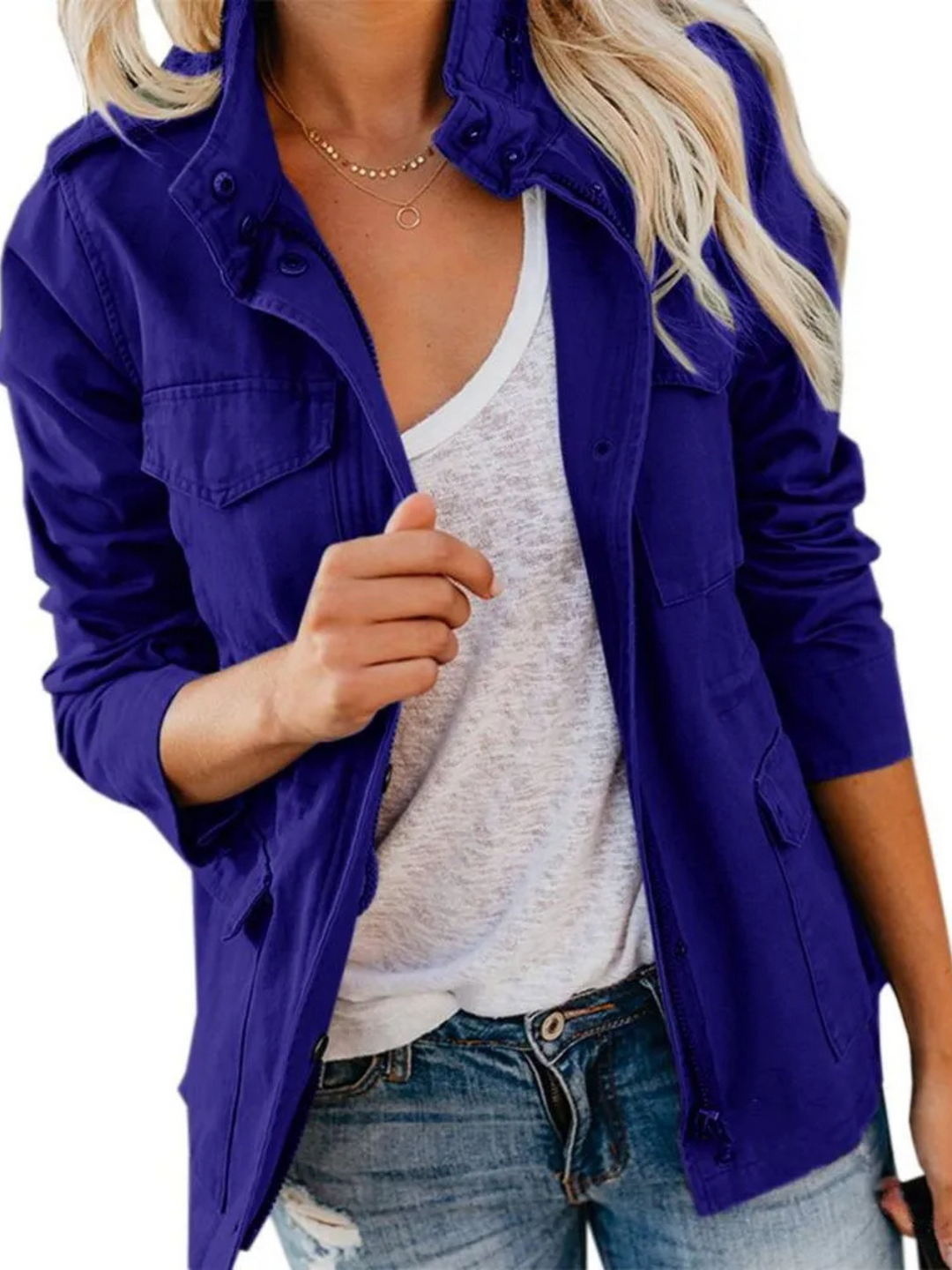 Full-length view of Zephoria women's comfortable everyday jacket, regular fit, stylish winter apparel.