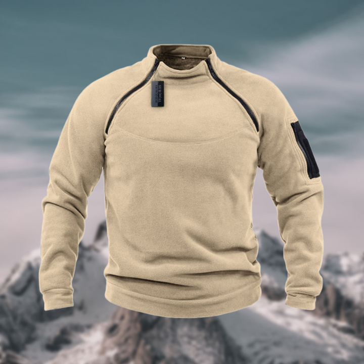 Comfortable men's quarter zip mock neck sweater, tactical style pullover, perfect for fall layering.