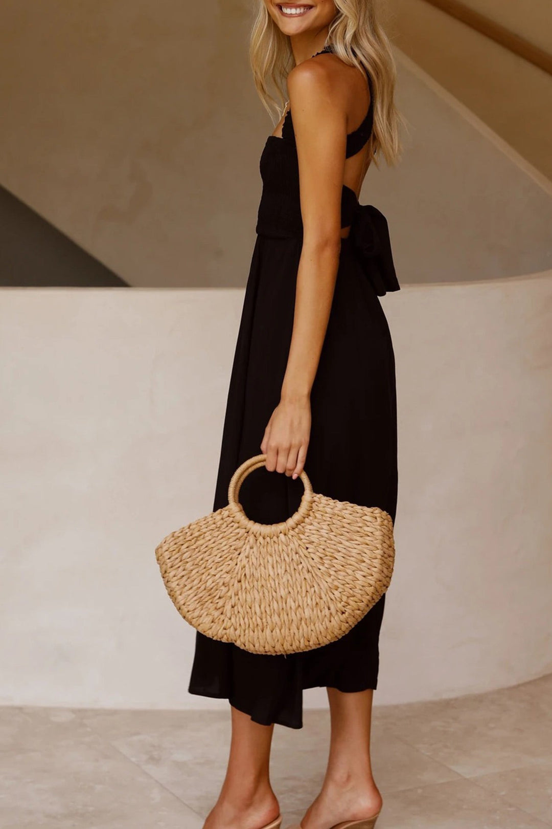 Elegant women's versatile midi dress, designed with a flattering crisscross and sophisticated tie-back.