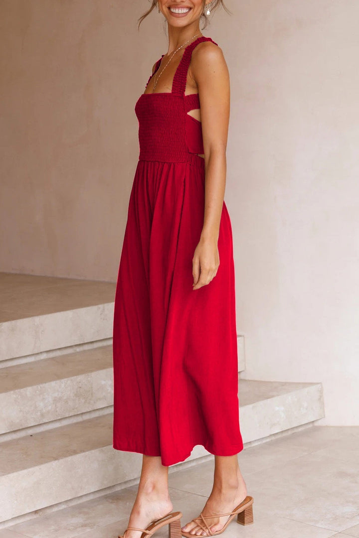 Front view of a women's elegant crisscross tie-back midi dress, showcasing its versatile style.