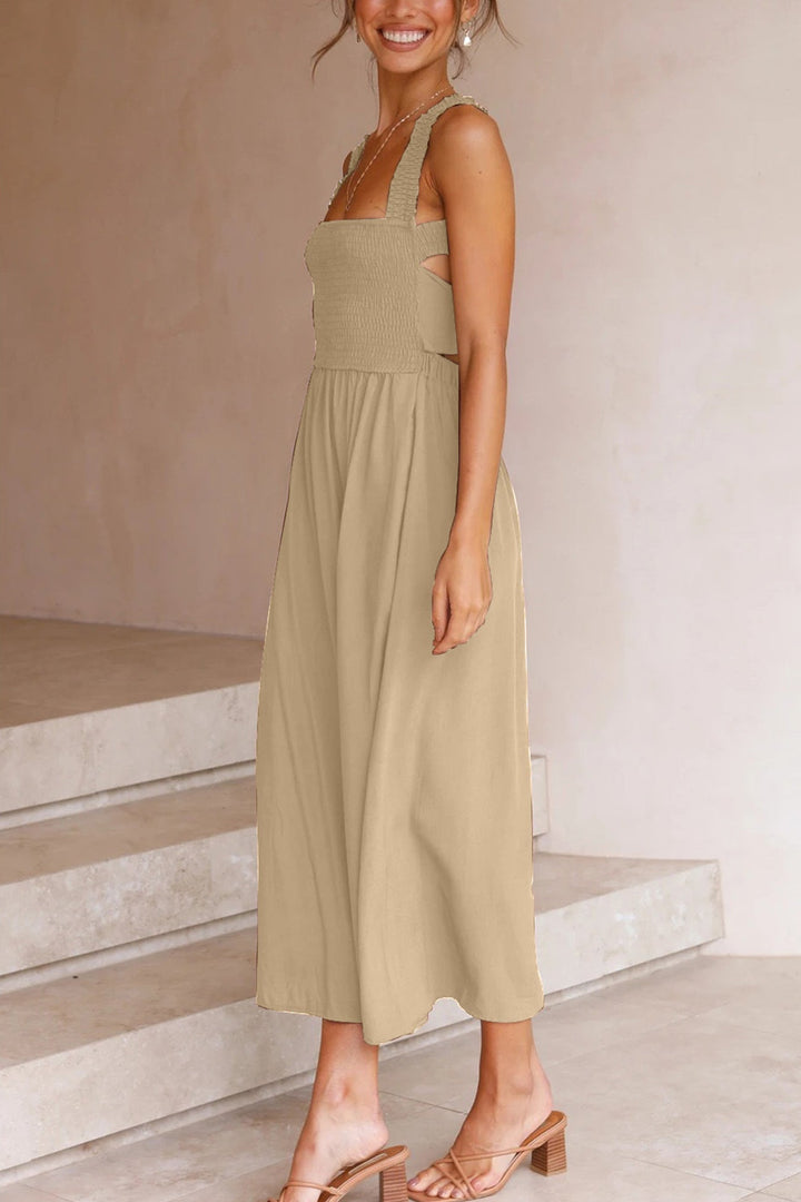 Sophisticated women's party midi dress, designed with a crisscross back and adjustable tie-back.