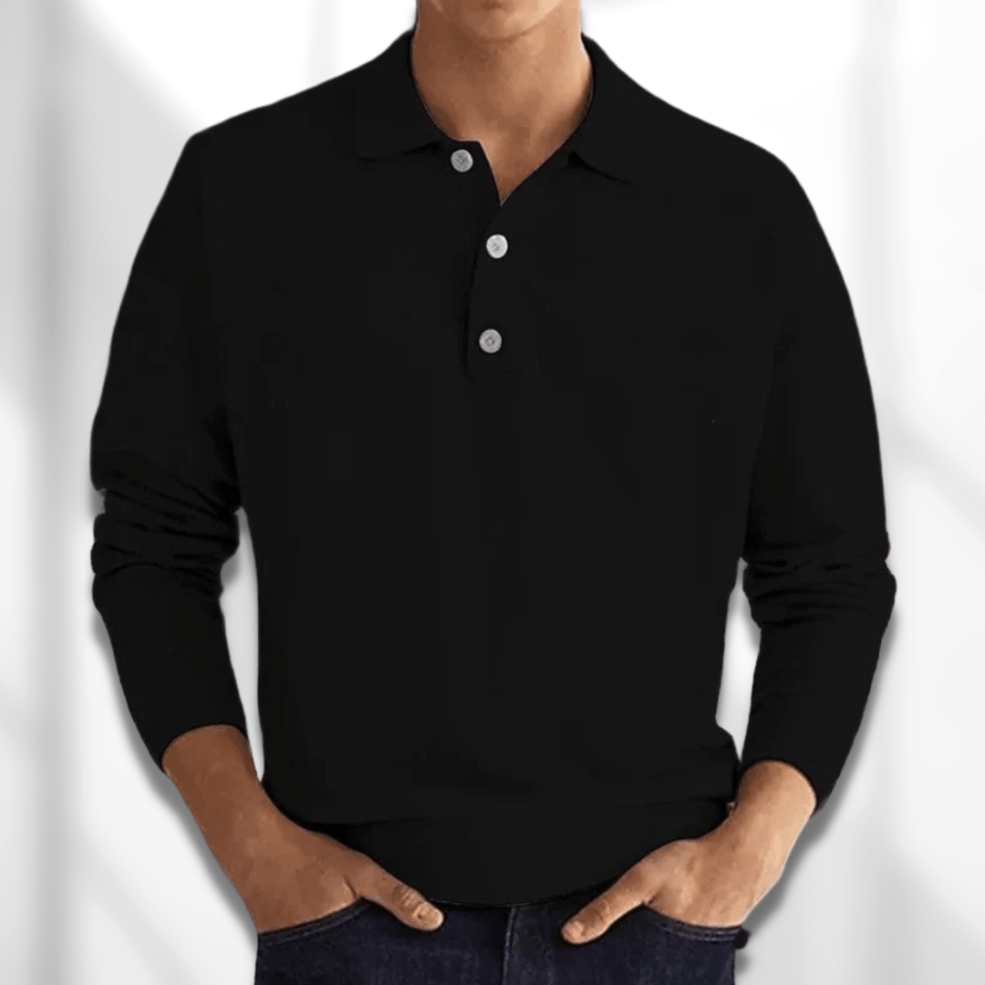 Stylish men's long sleeve knit polo sweater, perfect for smart casual outfits and versatile everyday wear.