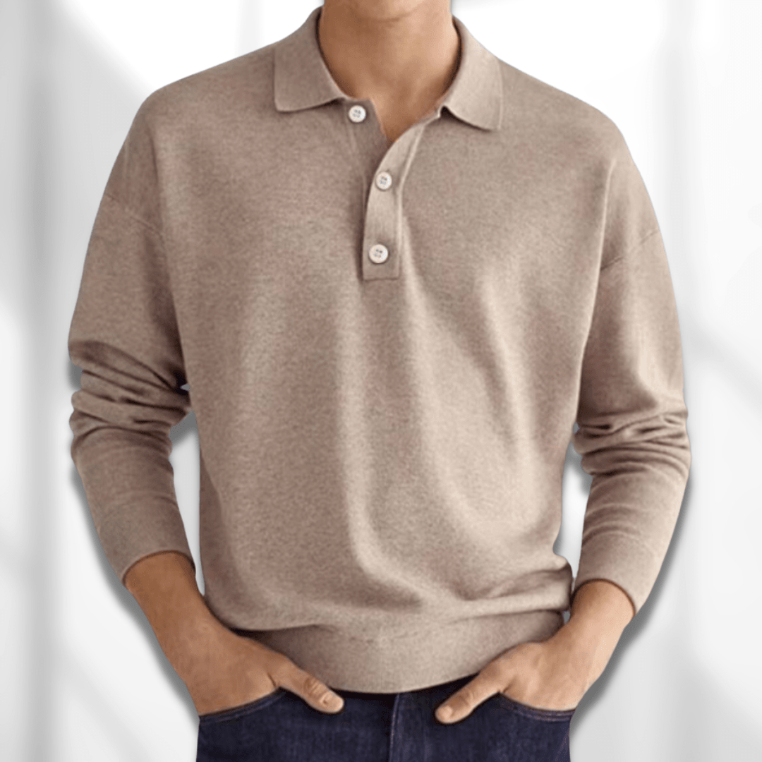 Men's smart casual long sleeve knit polo shirt in a versatile pullover style for autumn fashion.