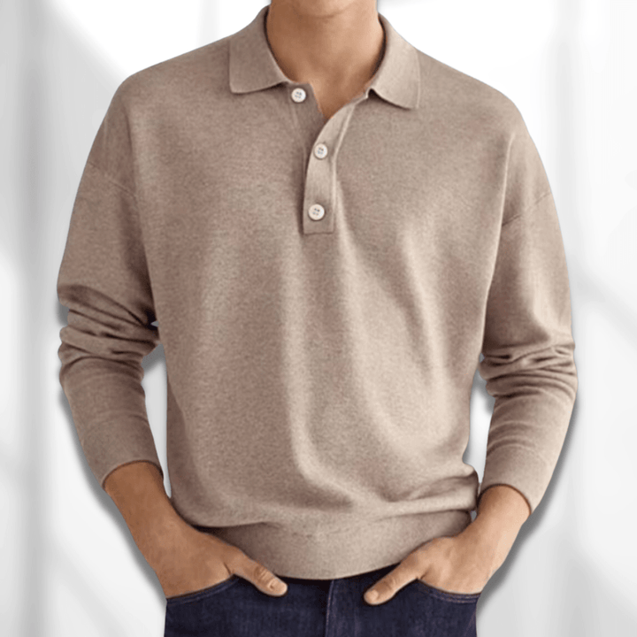 Men's smart casual long sleeve knit polo shirt in a versatile pullover style for autumn fashion.