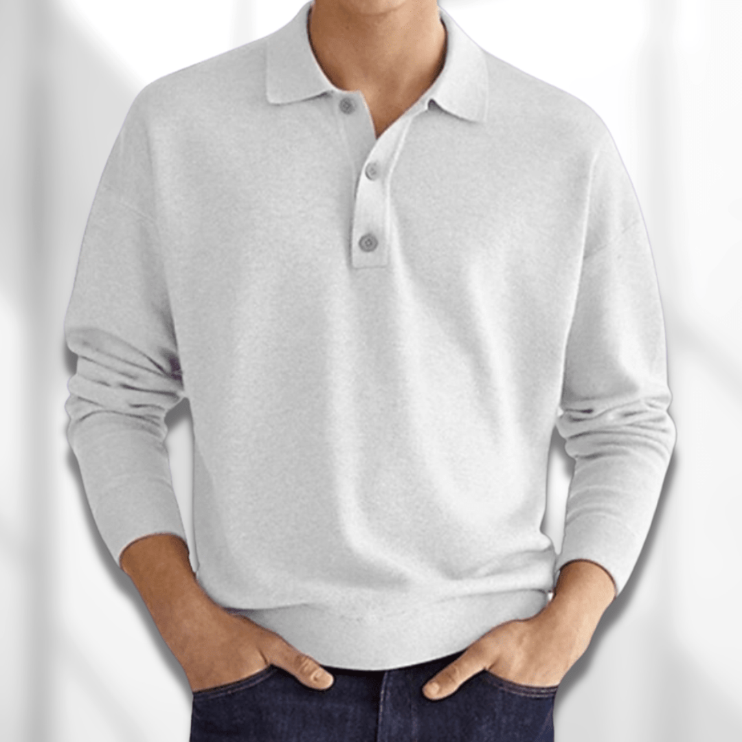 Autumn/winter men's long sleeve knit polo shirt, a comfortable and smart casual pullover for cool weather.