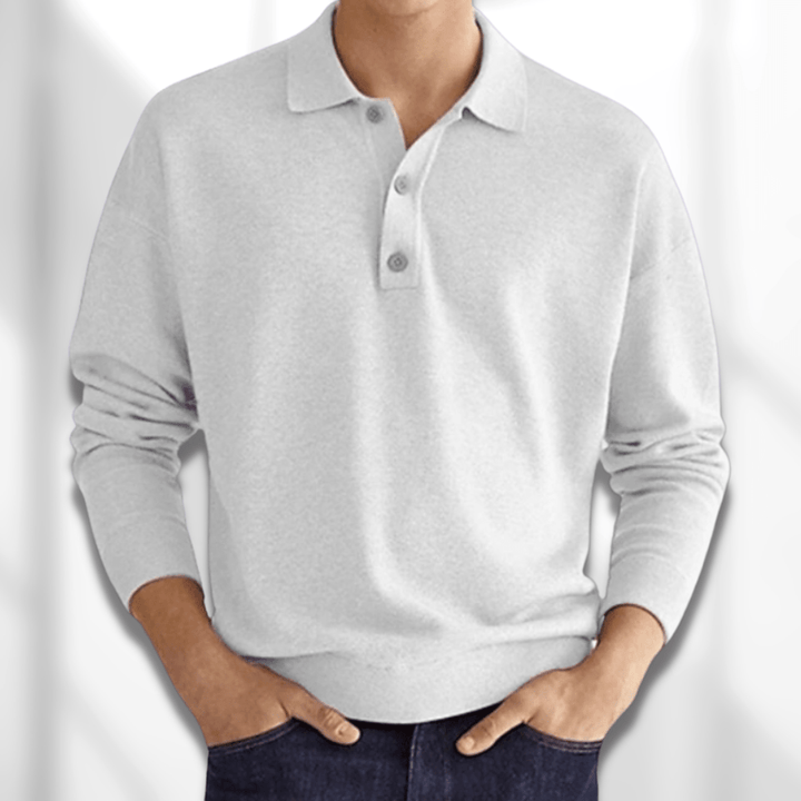 Autumn/winter men's long sleeve knit polo shirt, a comfortable and smart casual pullover for cool weather.