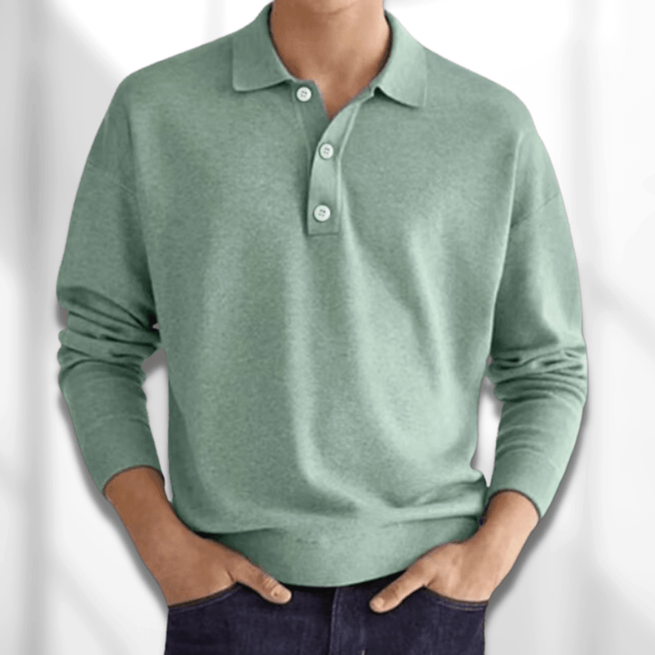 Fashionable men's knit long sleeve polo, ideal for smart casual dressing, offering comfort and style.