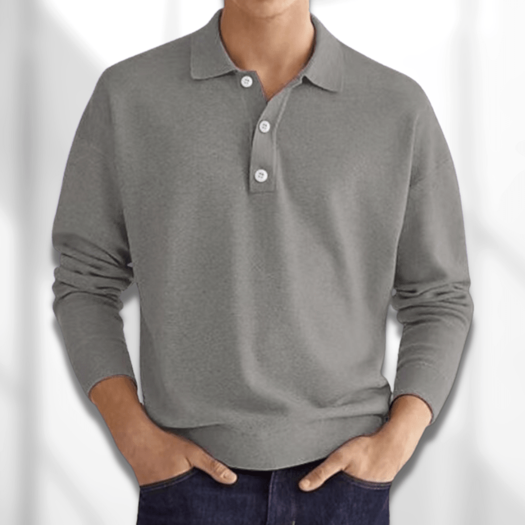 Textured knit men's long sleeve polo sweater, a smart casual pullover for a stylish and comfortable look.