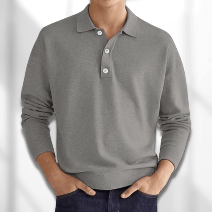 Textured knit men's long sleeve polo sweater, a smart casual pullover for a stylish and comfortable look.