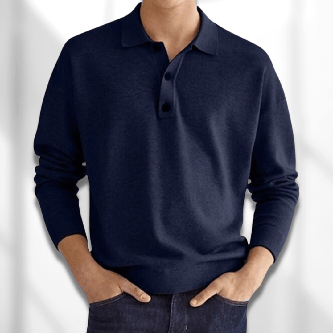 Men's smart casual long sleeve knit polo. Versatile pullover sweater for autumn & winter fashion.