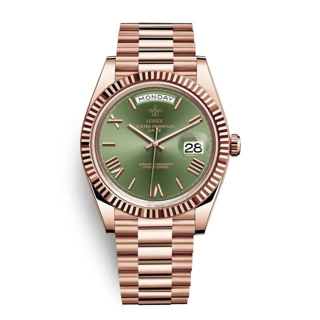Men's Day Date Quartz Watch, a sleek stainless steel timepiece, adding elegance to any modern outfit.