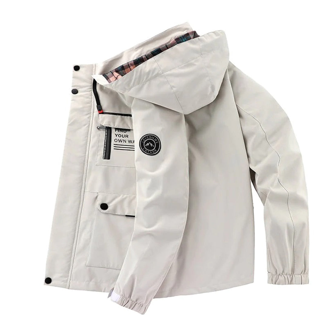 Versatile men's outdoor jacket with hood & multi-pocket design, perfect for casual cool weather.