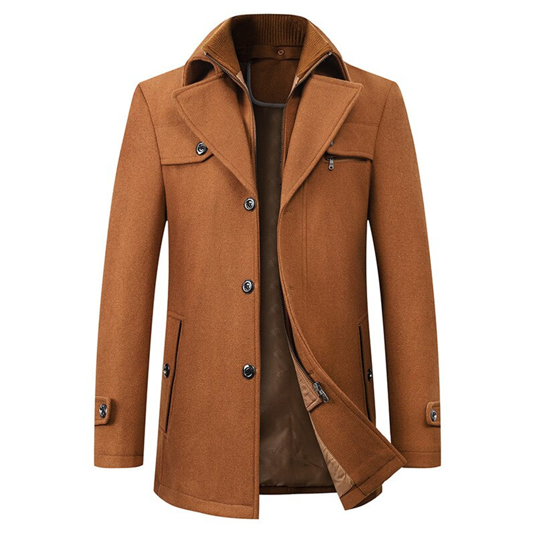 Stylish men's long trench coat, ideal warm winter coat or fall jacket. Classic outerwear for versatile men's fashion.