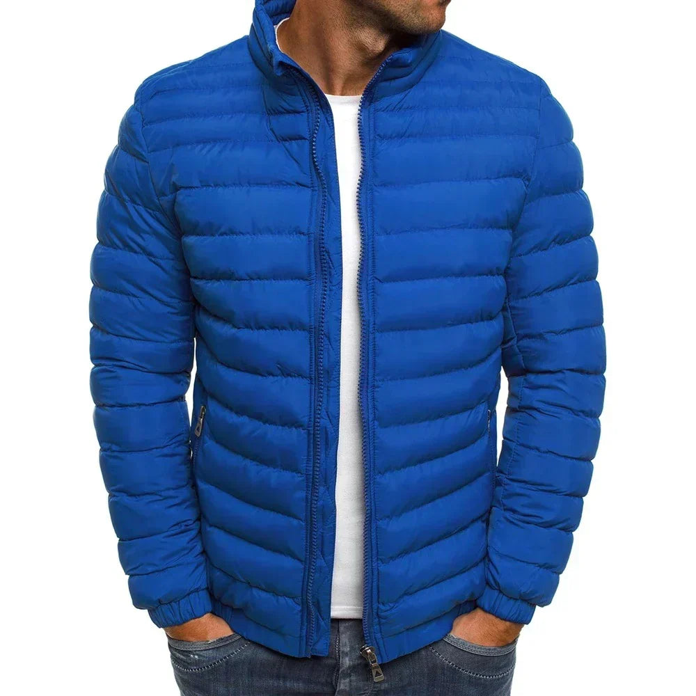 Close-up of a men's slim puffer jacket, highlighting its lightweight, warm, and comfortable material for fall.