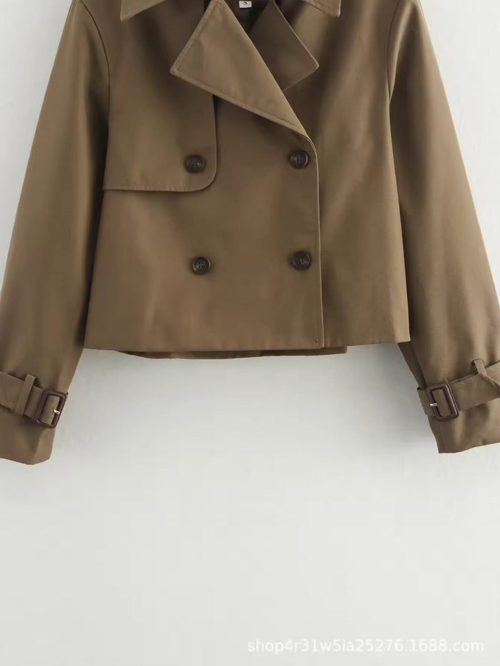 Women's chic cropped trench coat, perfect for stylish spring & fall outerwear. Versatile classic jacket.